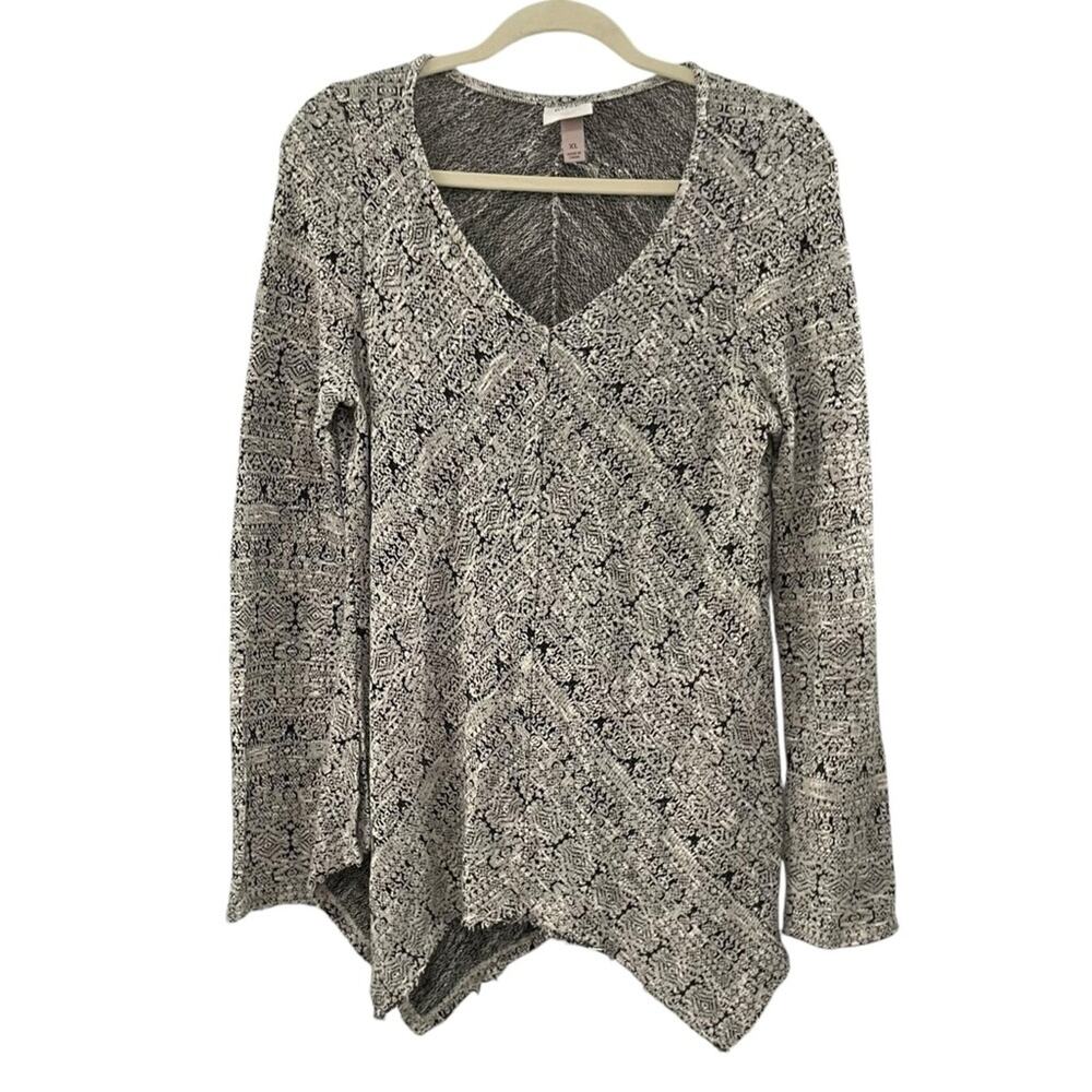 Knox Rose Long Sleeve Textured Top with Raw asymmetrical Hem Black White Size XL